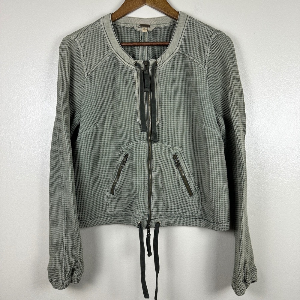 Free People Women's S Jacket Sage Green Waffle Knit Zip Front Drawstring Boho